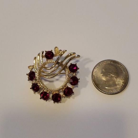 Ruby Rhinestone Brooch Pin, Goldtone - Picture 3 of 8